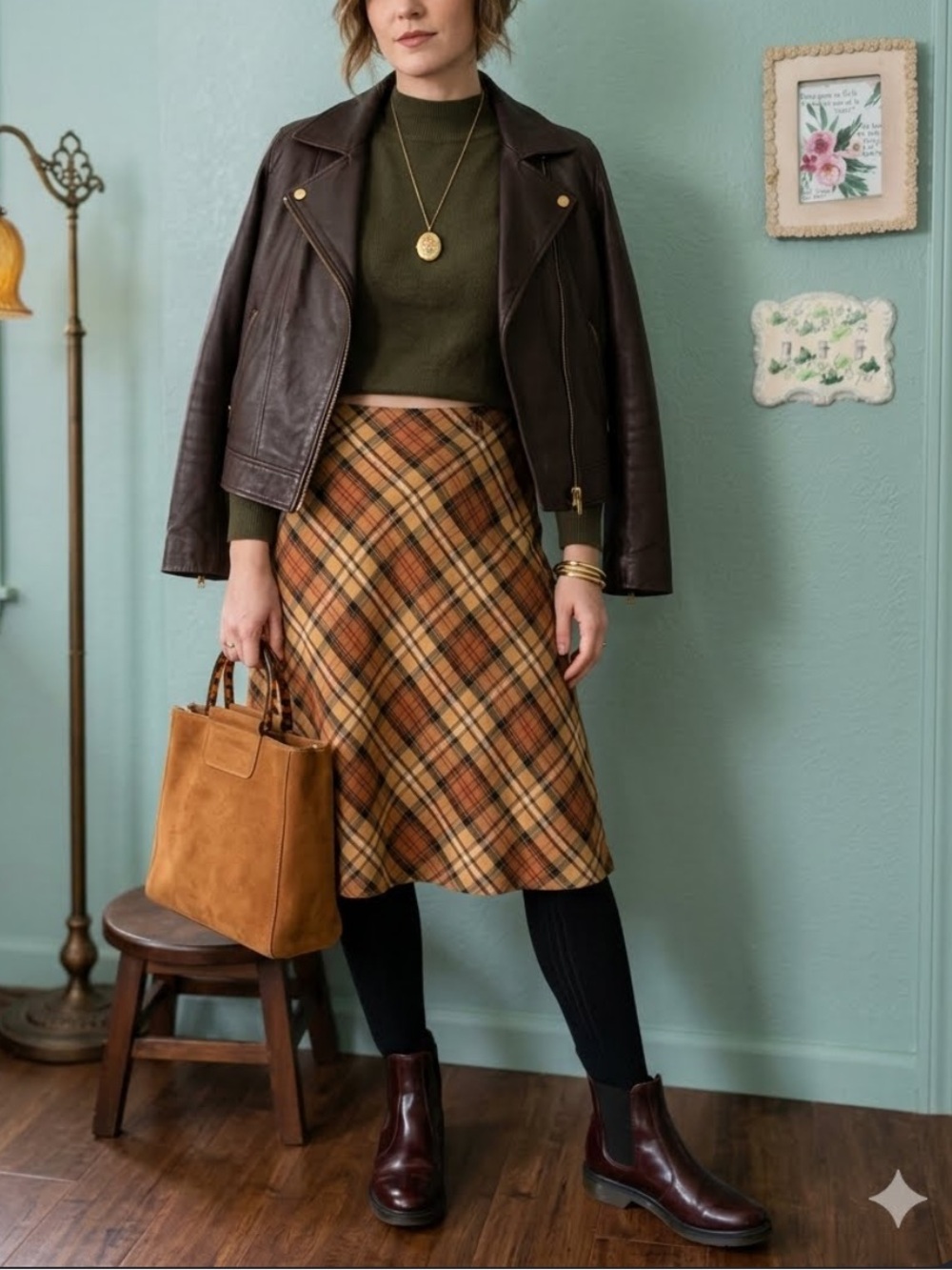Y2K White Stag Brown Mustard Plaid Goth Midi Skirt Sz. Via 12
